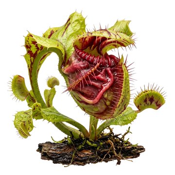 Isolated carnivorous venus flytrap plant with green and red jagged leaves