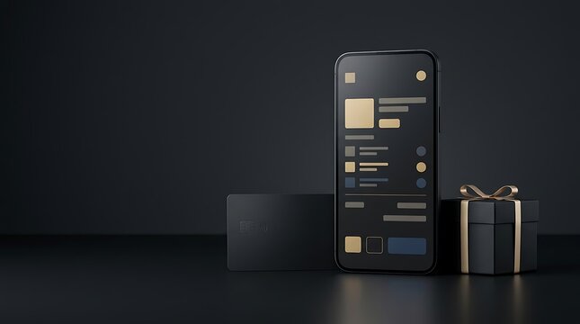 Modern smartphone with digital interface and black gift box on dark background.