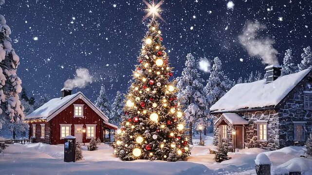 winter village landscape with snow and christmas tree 