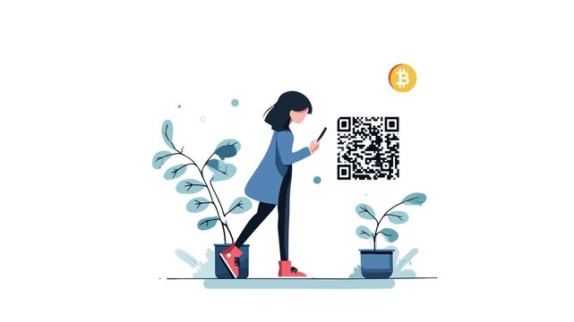 women scanning QR Code for Bitcoin Payment - Fintech crypto motion graphic video