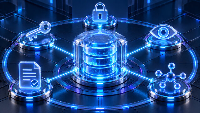 Cybersecurity and data protection concept with server database encrypted lock access key and privacy monitoring on futuristic neon circuit platform   