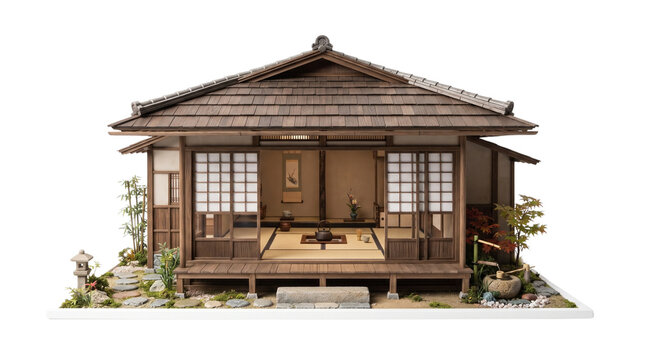 Traditional Japanese house model with shoji doors, miniature zen garden and wooden architecture, isolated minka home on white background