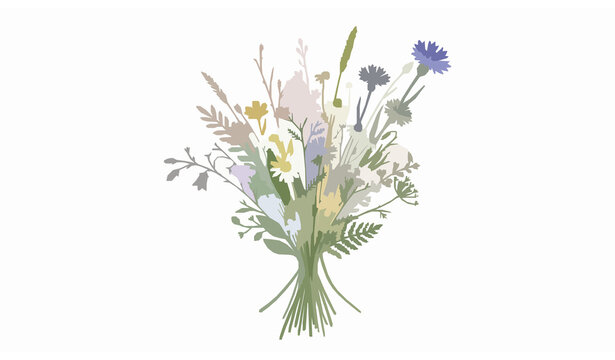 Wildflower Meadow Bouquet with Herbs and Delicate Botanical Stems Flat Vector Illustration