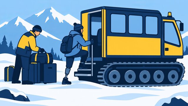 Traveler with Prosthetic Leg Boarding Tracked Snow Vehicle