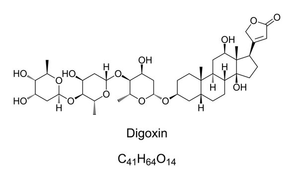 Digoxin, chemical formula and structure. A medication used to treat heart conditions, most frequently atrial fibrillation, atrial flutter, and heart failure. Derived of genus Digitalis plants. Vector