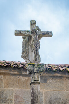 Traditional old stone cross in coastal Village, Combarro, Galicia, Spain. 