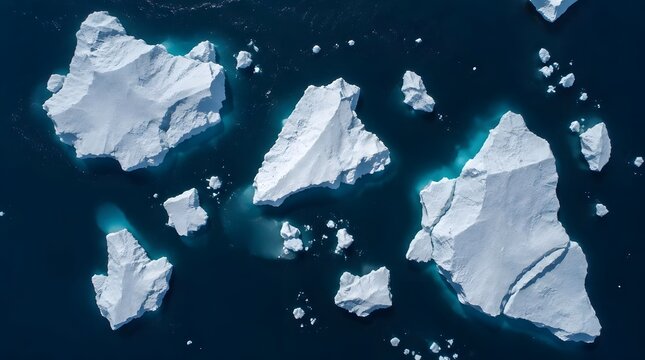 Aerial top down view of white icebergs in dark blue arctic ocean