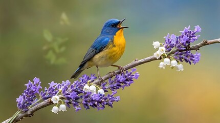 Fototapeta premium Colorful blue and orange bird perched on blooming purple flowers