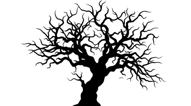 Spooky dead tree silhouette, bare branches of a gnarled winter oak, gothic halloween design element on isolated white background