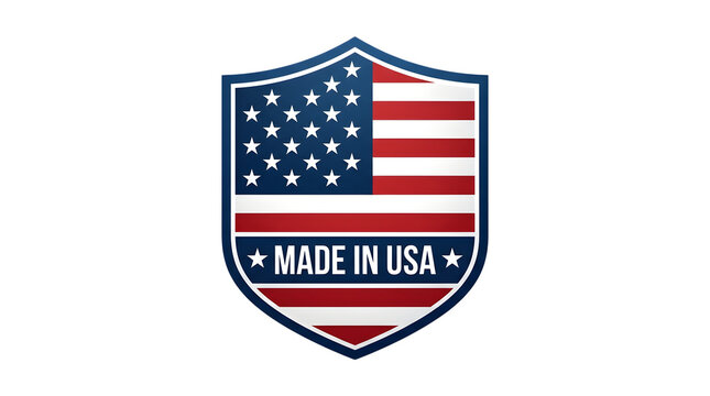Made in USA patriotic shield emblem, American flag badge with stars and stripes, national quality guarantee label for product packaging