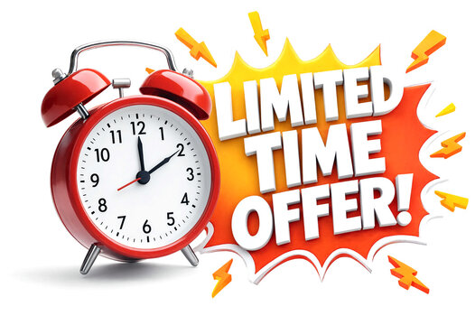 Vibrant alarm clock with limited time offer sign and explosive graphic design isolated illustration