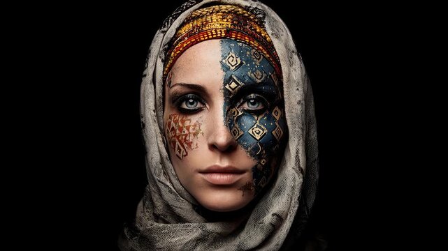 Digital illustration of veiled woman with ornate geometric face paint and beaded headband emerging from black background in dramatic centered portrait composition