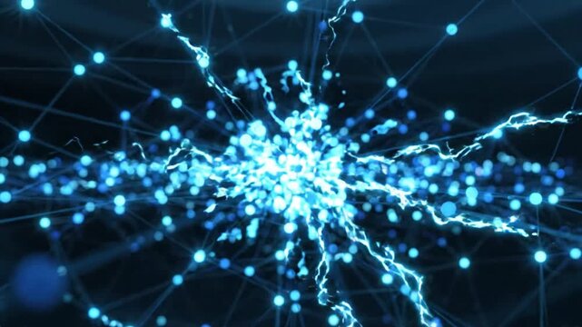 Glowing Blue Neural Network Sphere Burst with Electric Energy Light Sparks