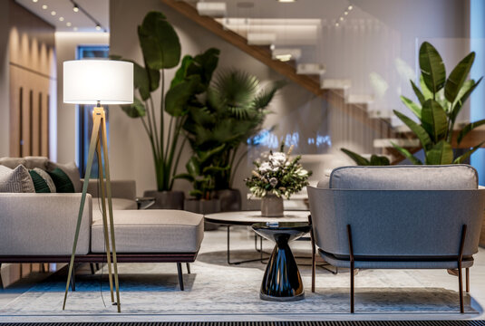 3D render of a luxury open-concept interior featuring a modern living room, dining area, floating staircase, marble accents, and panoramic windows with a pool view