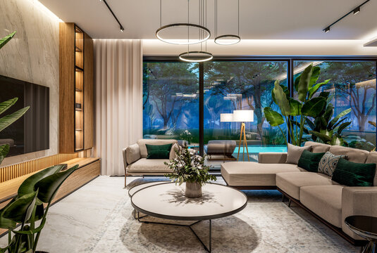3D render of a luxury open-concept interior featuring a modern living room, dining area, floating staircase, marble accents, and panoramic windows with a pool view