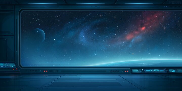 View from futuristic spaceship cabin, showing star-filled galaxy