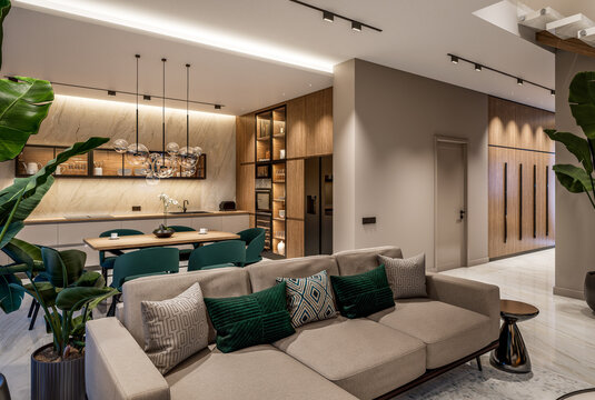 3D render of a luxury open-concept interior featuring a modern living room, dining area, floating staircase, marble accents, and panoramic windows with a pool view