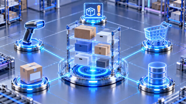 Smart warehouse inventory management system with automated fulfillment barcode scanner shopping cart database and package tracking concept