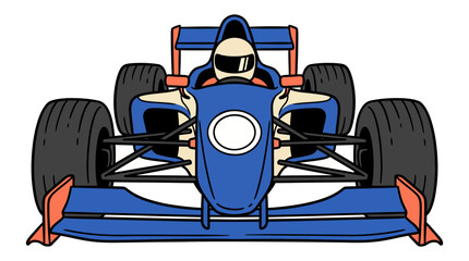 Fototapeta premium Front view of a blue Formula 1 race car with a driver in a white helmet, an illustration of a high-speed racing vehicle.