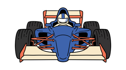 Fototapeta premium Front view illustration of a blue open-wheel racing car with a driver's helmet visible, featuring orange accents and large tires.