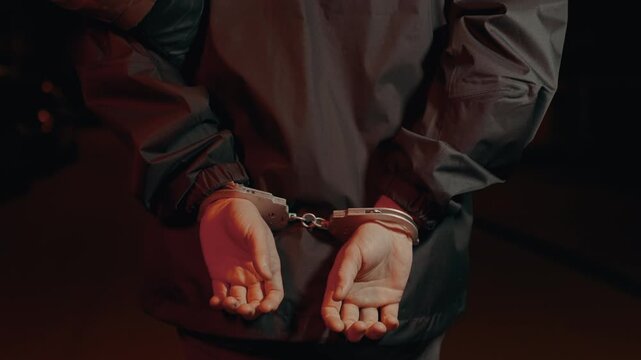 Police officer leading handcuffed man at night. Arrest, law enforcement and crime prevention concept