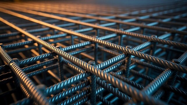 Close up of a heavy duty steel rebar grid structure used for concrete reinforcement in large scale industrial construction and infrastructure projects