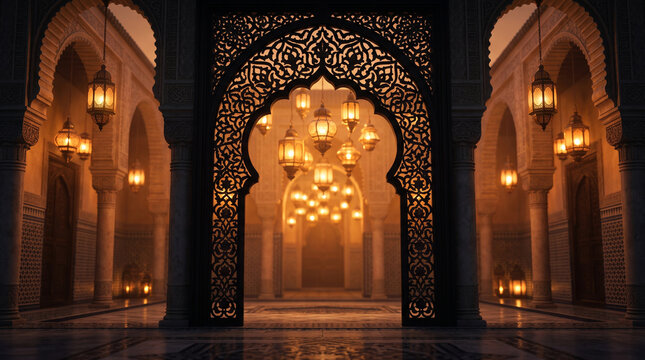 Moroccan palace hallway decorated with intricate carved arches and glowing oriental lanterns in warm yellow evening lighting.
