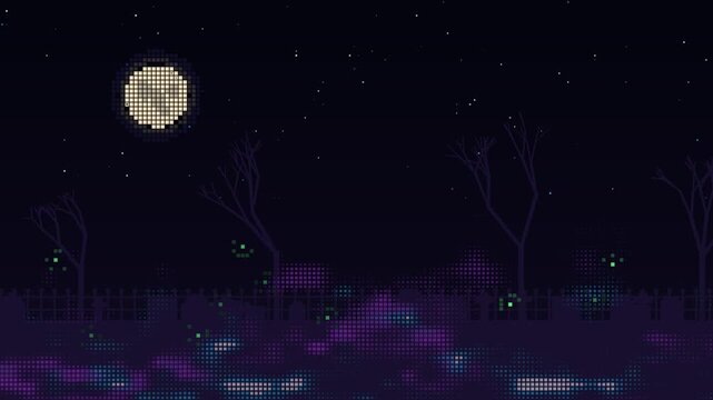 Drifting purple and cyan pixel fog rolling over a graveyard with tombstones, bare trees and will o wisps