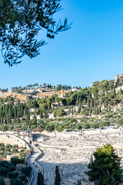 Mount of olives jewish cemetery and church of mary magdalene in jerusalem