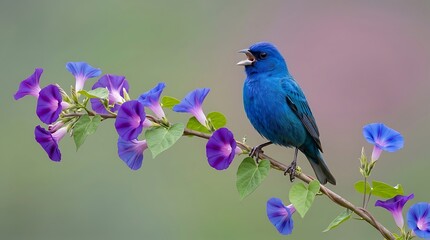 Obraz premium Blue bird perched on flowering branch singing