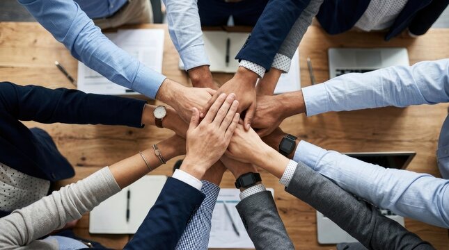 Business team stacking hands together in office