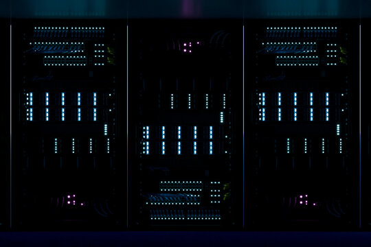 3D network server cabinet array with blue indicator light and data