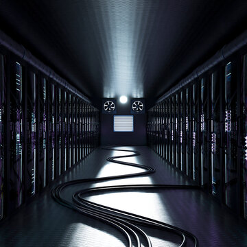 3D data center corridor with server rack floor cable and blue light