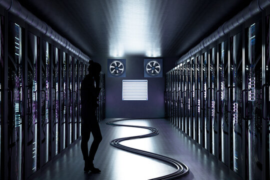 3D illuminated data center corridor with server racks and curved floor cable