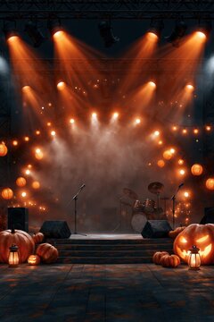 Halloween Concert Stage with Pumpkins Drums and Orange Lights