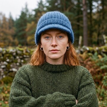 Serious Redhead Woman in Blue Knit Beanie and Green Sweater Standing outdoors in Autumn Nature