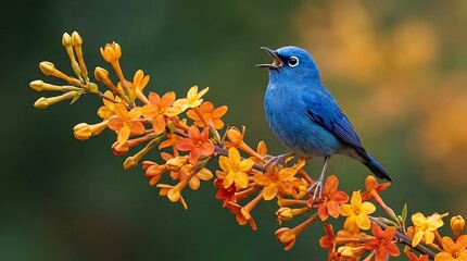 Obraz premium Blue bird perched on colorful autumn flowers