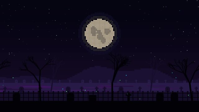 Side scrolling cemetery parallax with tombstones, crosses, bare trees and iron fence under a full moon