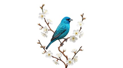 Obraz premium Blue bird perched on blooming branch with flowers