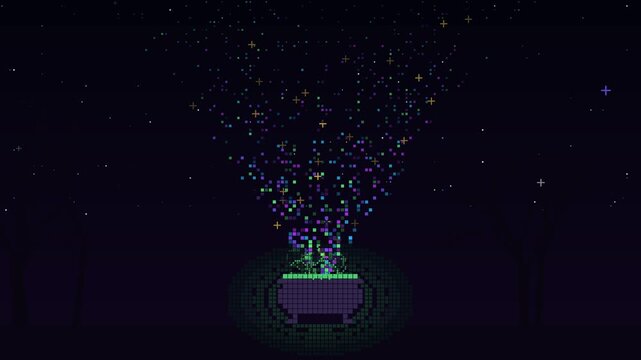 Bubbling witch cauldron releasing a spiral of green and purple magic particles and sparkles, pixel loop