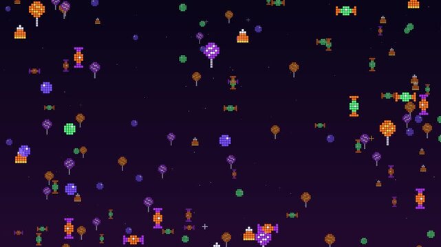 Colorful Halloween candy rain with falling candy corn, spinning wrapped sweets, lollipops and gumballs