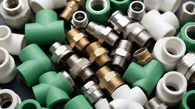 Assortment of plumbing fittings including brass connectors plastic pipes and metal adapters