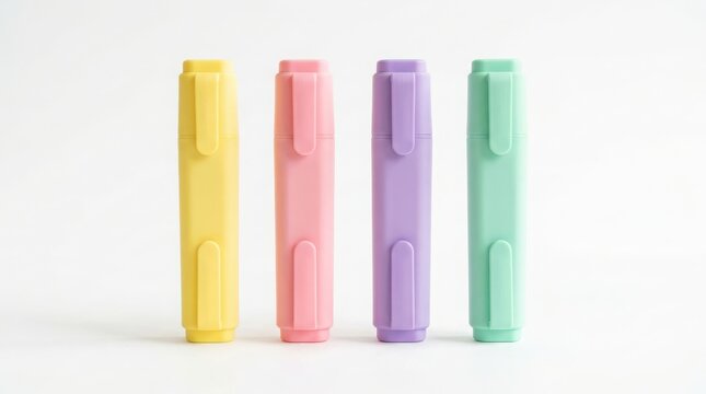 Four colorful pastel highlighters lined up in a row for office work or school supplies isolated on a clean white background