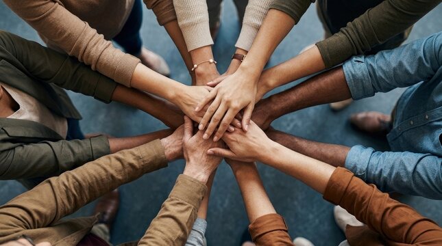 People stacking hands together in unity
