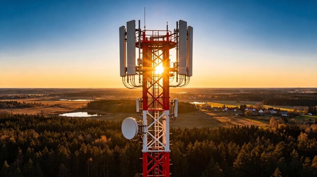 Cellular communication tower standing in a rural landscape during a golden sunset