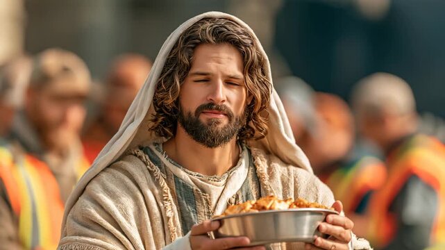 Jesus Helping Distribute Food at Roadside Shelter