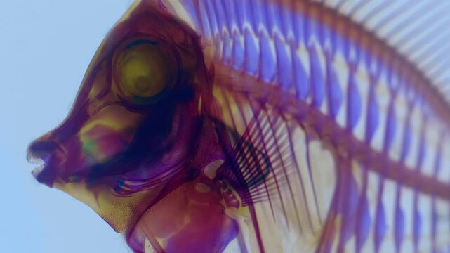 A colorful scientific specimen of a fish prepared through diaphonization or "clearing and staining" revealing the complex bone and cartilage structures of the fish, using Alcian blue to stain cartilag