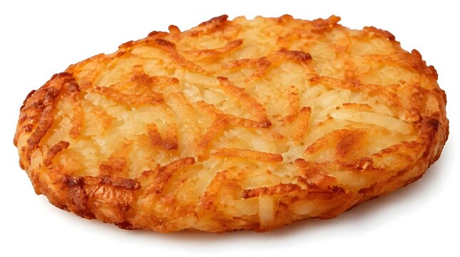 Single fried hash brown potato patty isolated on white background