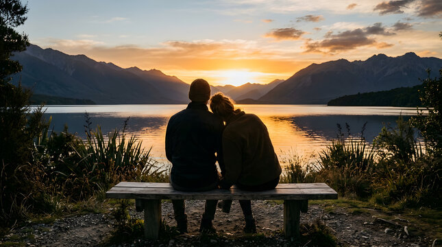 Romantic couple sitting on bench watching sunset over mountain lake