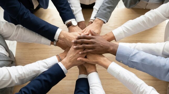 Team hands stacked together on table